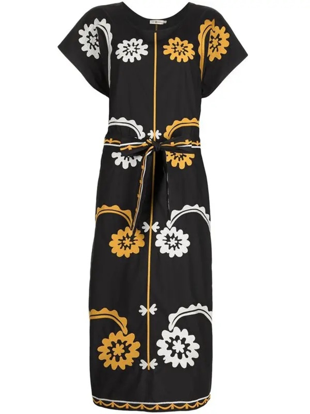 Tory Burch Embroidered Cotton Poplin Caftan Midi Dress Floral Black Gold White M - Picture 4 of 15